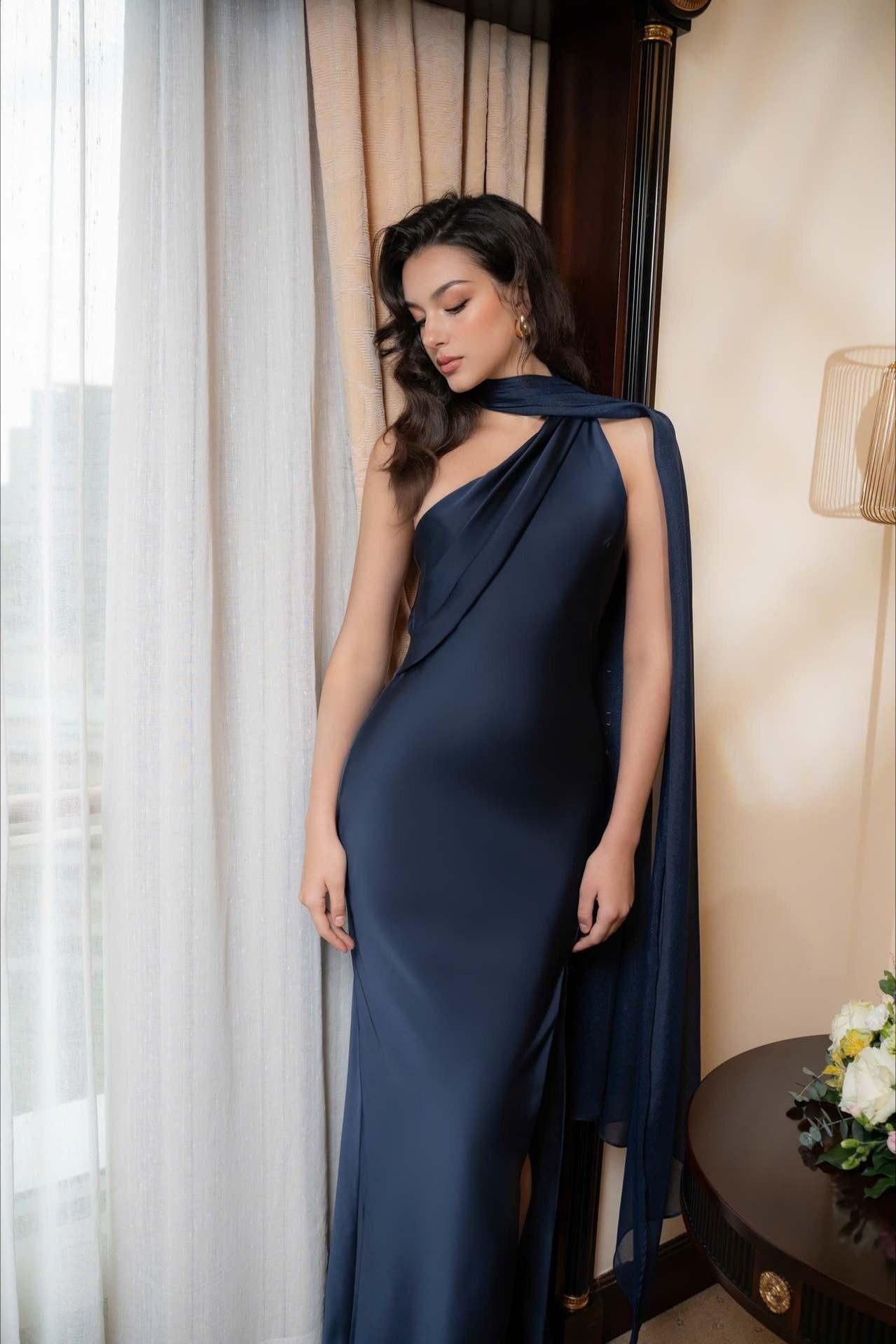 Satin One Shoulder Draped Cape Sheath Gown