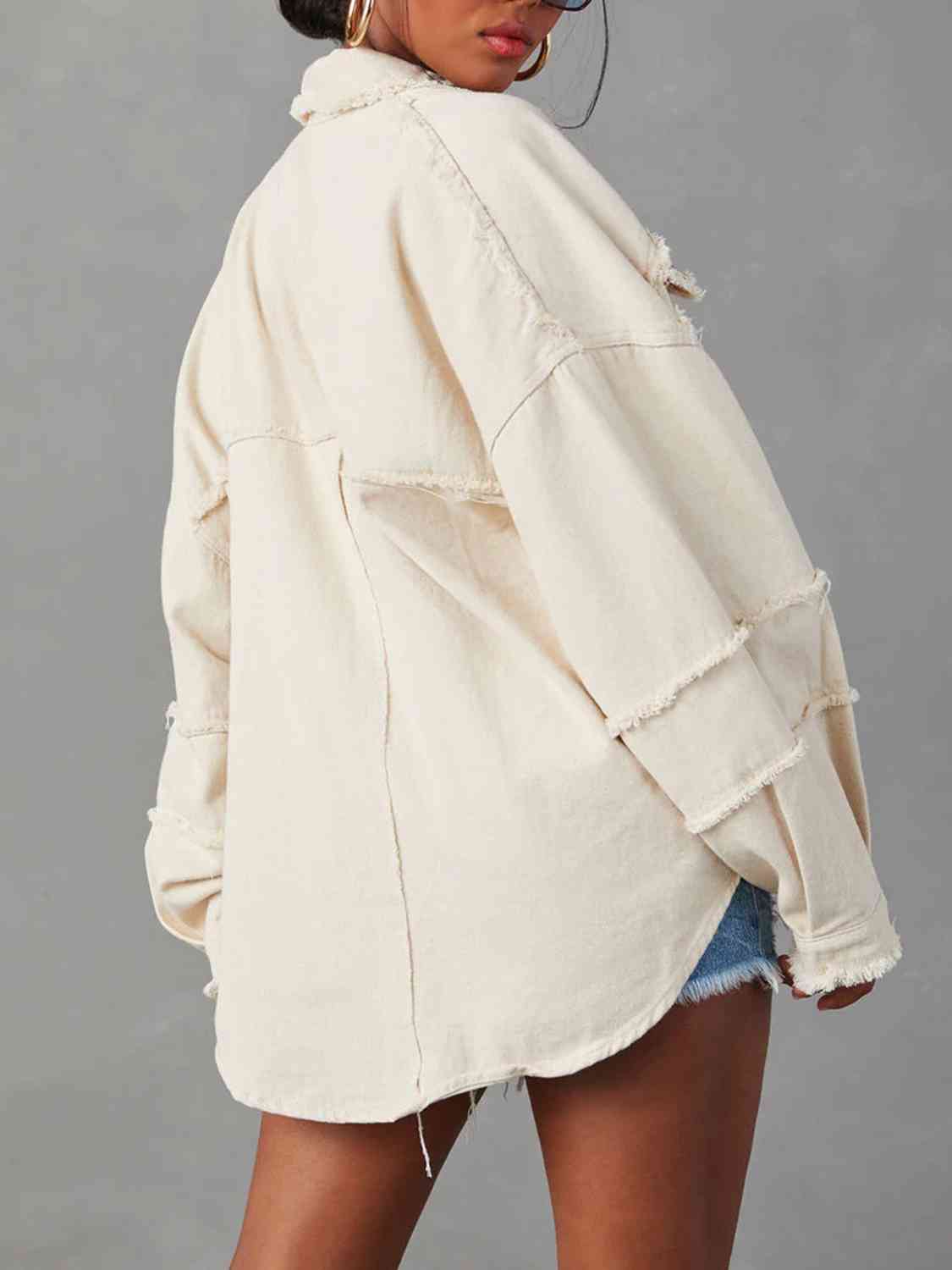 Long Raw Down Arm Denim Top Hem Button Jacket