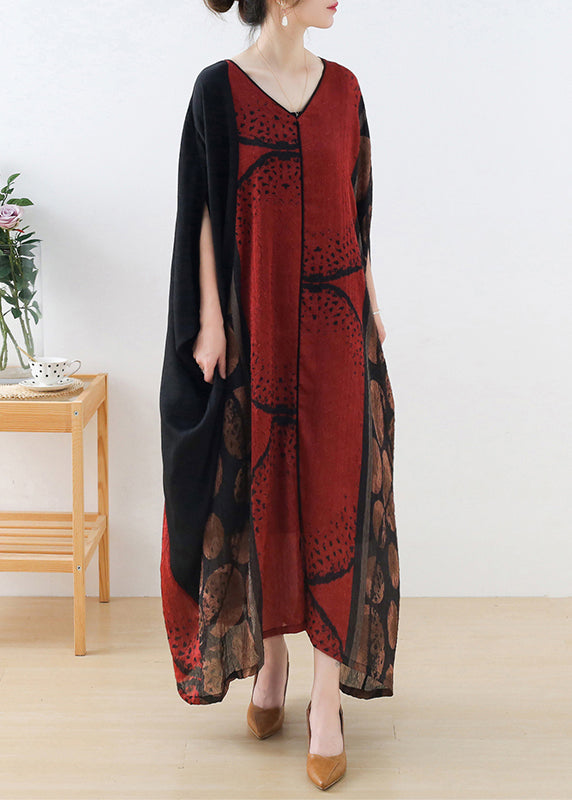 Abstract Print V-Neck Batwing Sleeve Asymmetric Hem Kaftan Maxi Dress