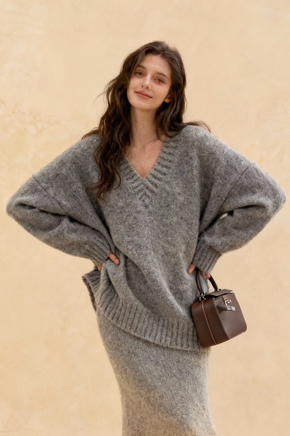 V-Neck Oversized Fuzzy Knit Sweater and Mermaid Midi Skirt Two Piece Set 5