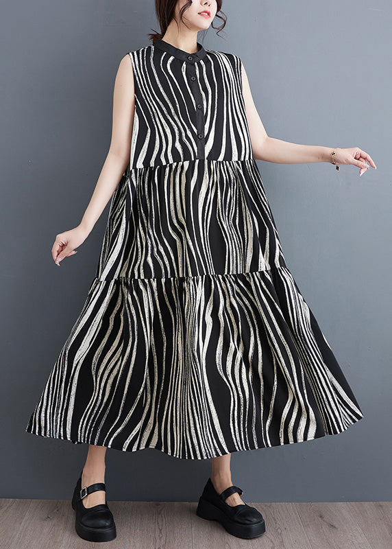 Wavy Stripe Print Band Collar Button Front Tiered Sleeveless Maxi Dress