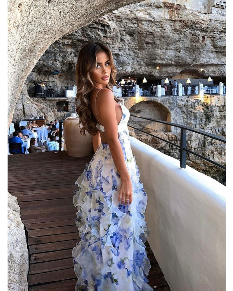 halter plant print wrap dress