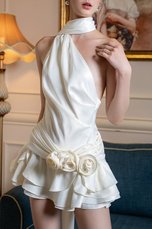 Satin One Shoulder Cowl Draped Rosette Waist Tiered Ruffle Mini Cocktail Dress