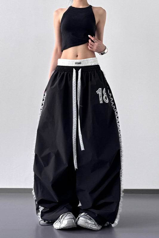 Double Waistband Lace Trim Number Patch Wide Leg Track Pants 2