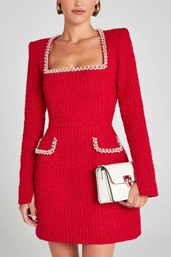 Tweed Square Neck Pearl Trim Long Sleeve Pocket Mini Dress