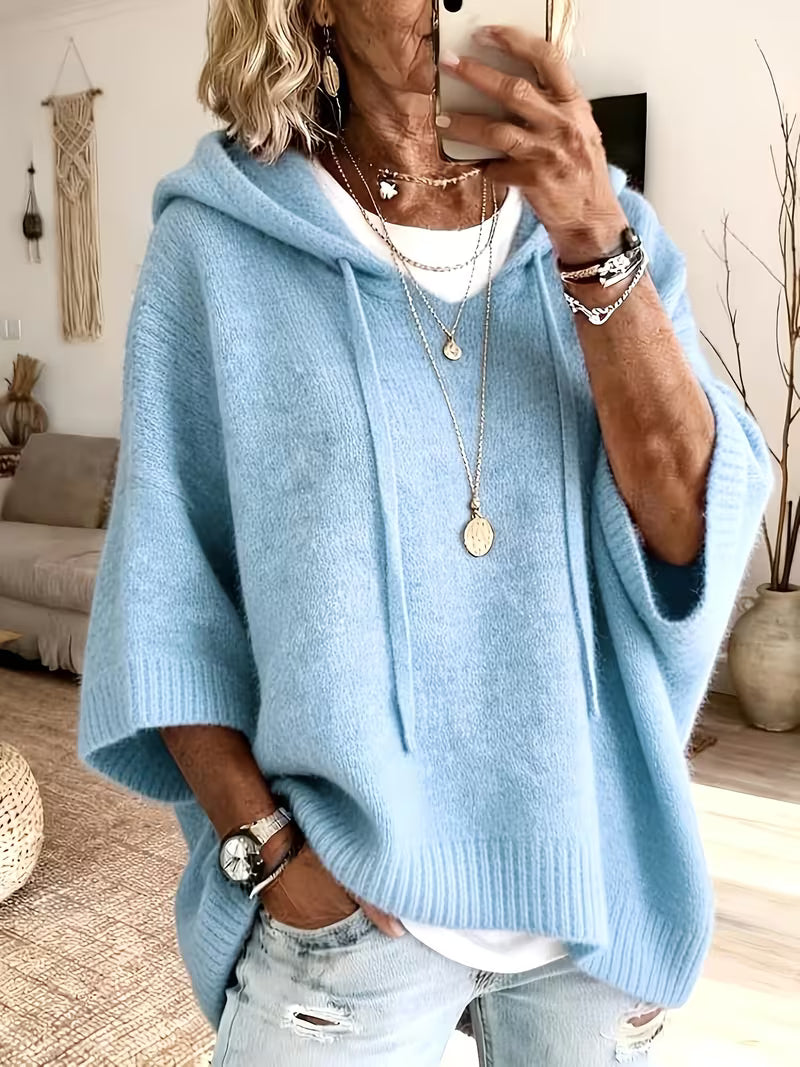 Hooded Drawstring Oversized Knit Poncho Sweater