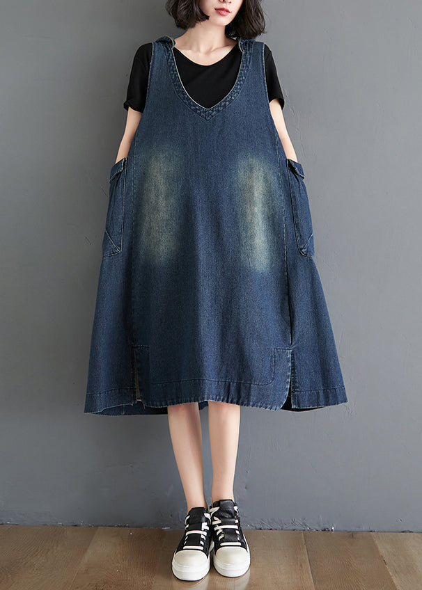 Denim Deep V-Neck Sleeveless Patch Pocket Distressed Wash Midi Pinafore Dress