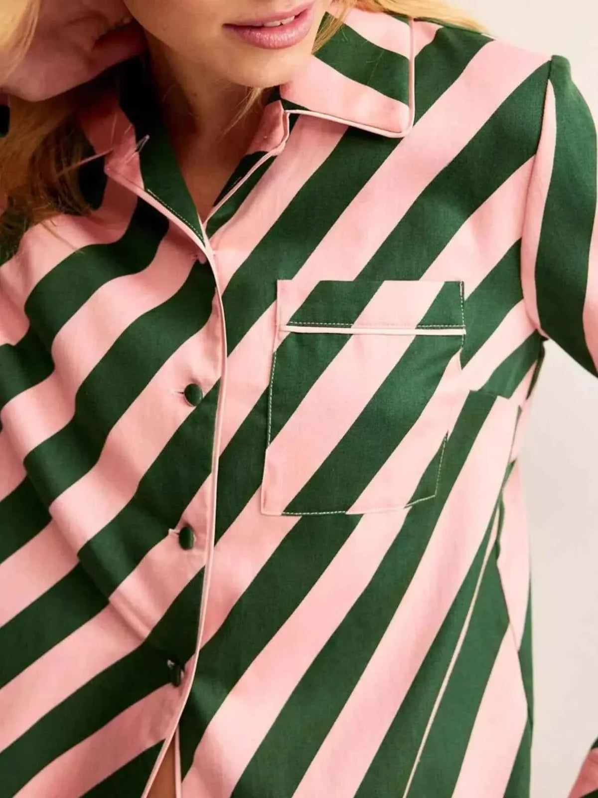 Diagonal Striped Satin Button Front Shirt and Straight Leg Pants Two Piece Set 4