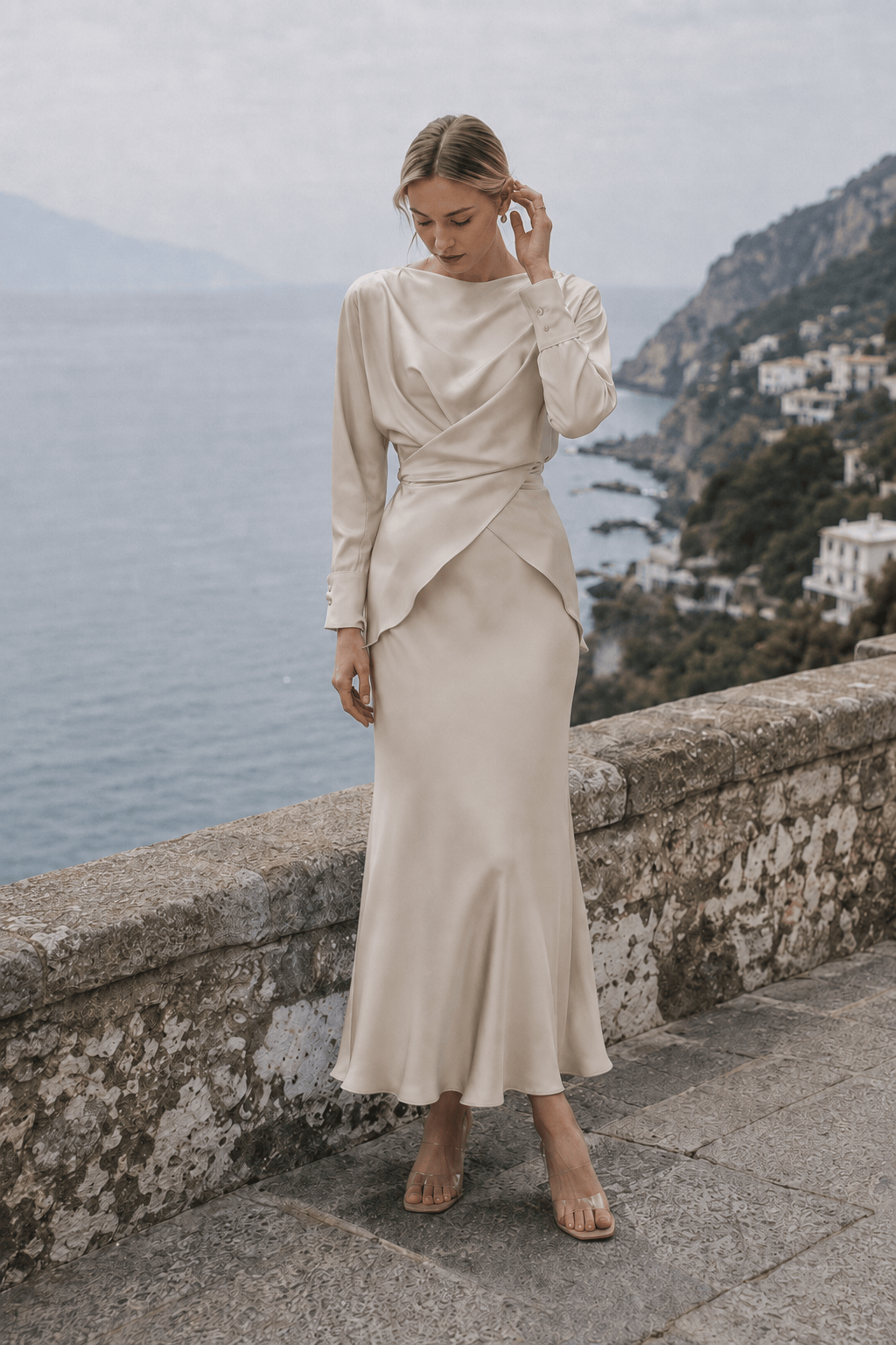 Solid Satin Cinched Waist Skirt Set