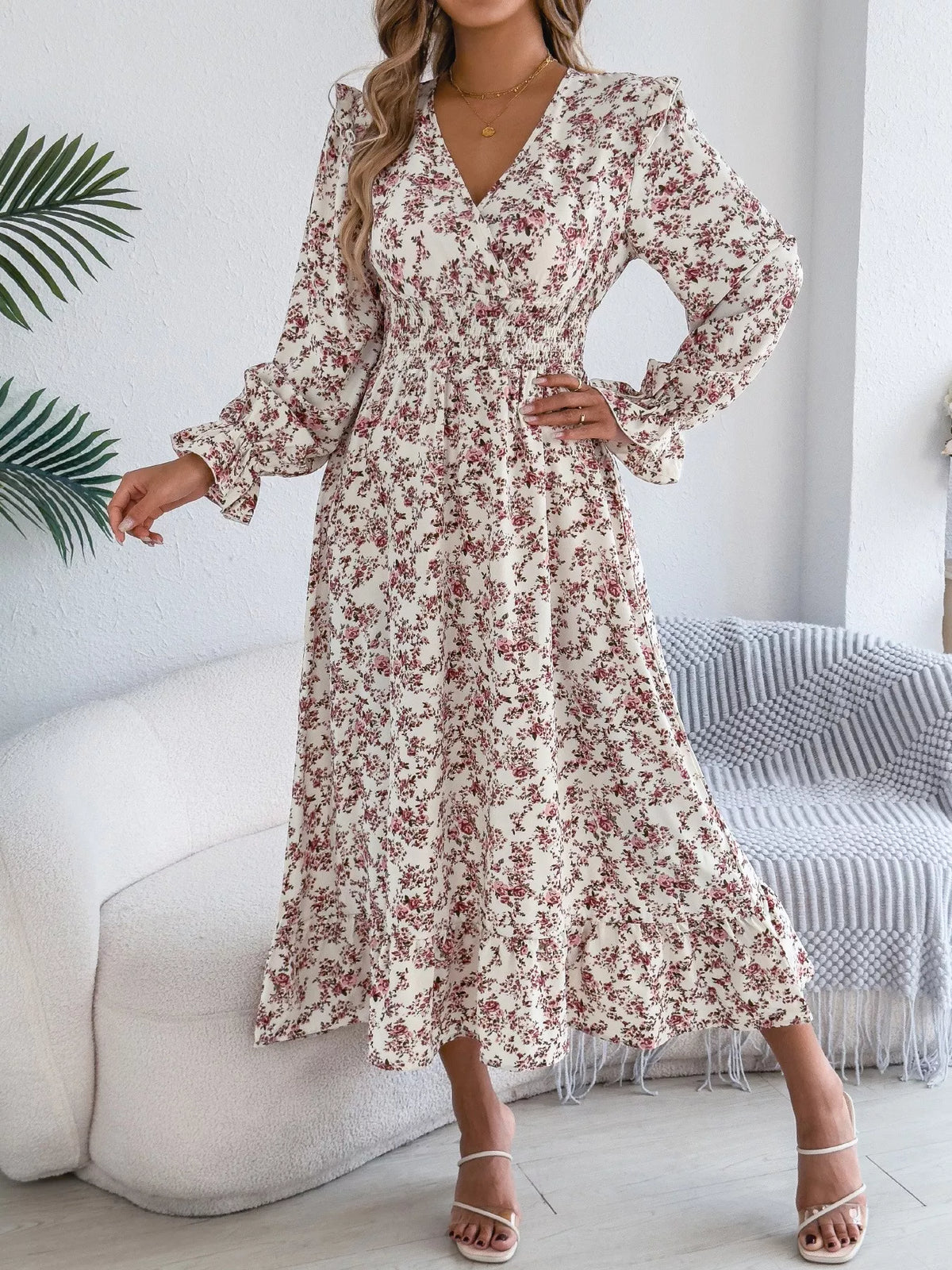 Floral Print Surplice V-Neck Ruffle Shoulder Smocked Waist Tiered Midi Dress 6