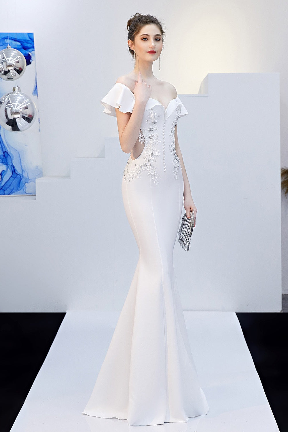 Off Shoulder Ruffle Beaded Mermaid Formal Gown