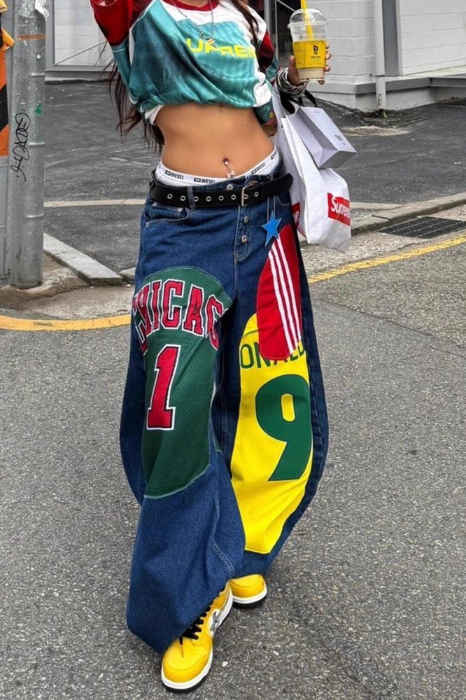 Jersey Graphic Patchwork Low Rise Baggy Wide Leg Denim Jeans
