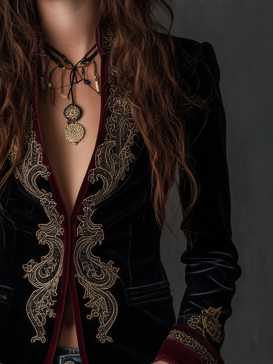 Baroque Embroidered Plunge Velvet Blazer