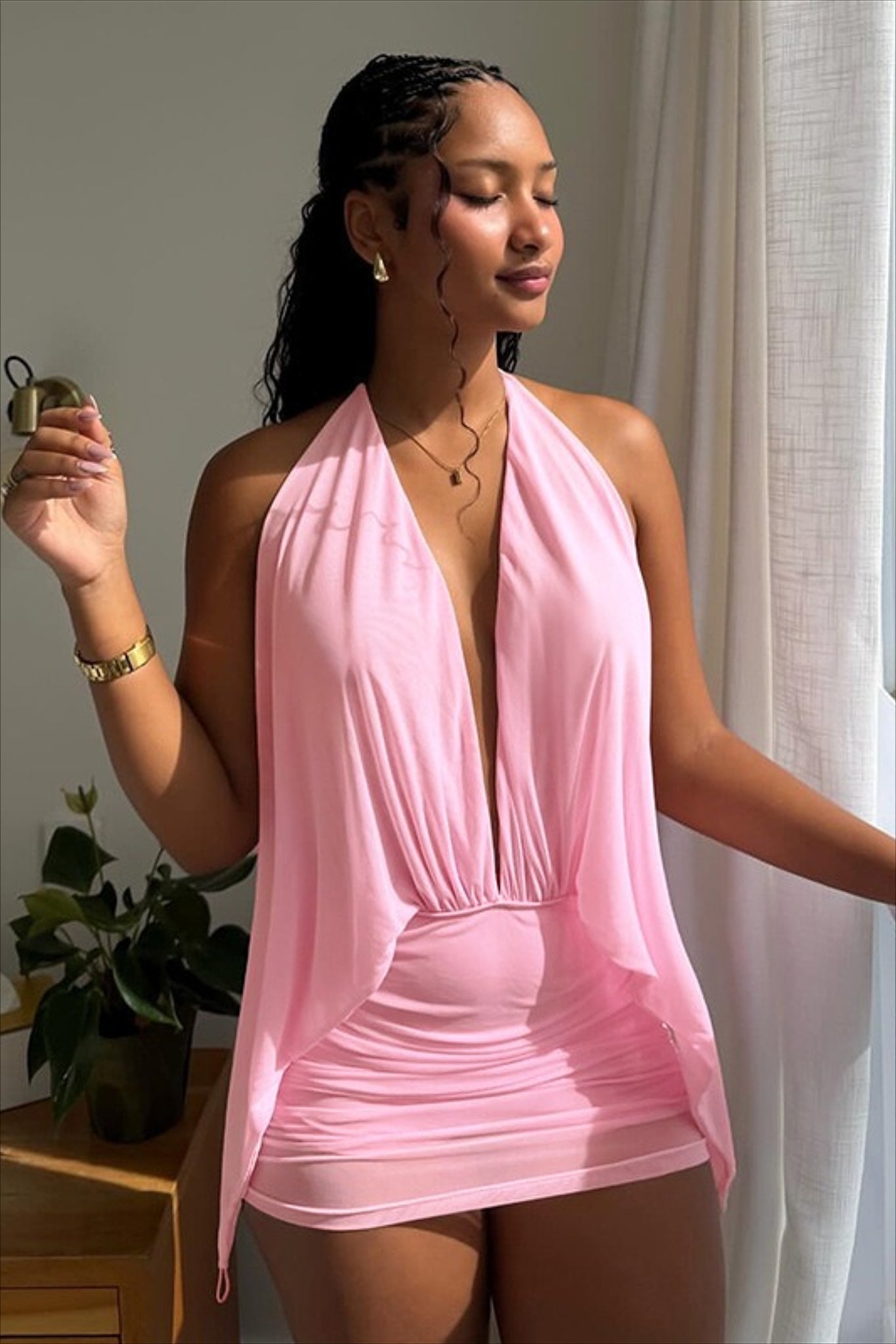 Halter Deep V-Neck Draped Ruched Bodycon Mini Dress