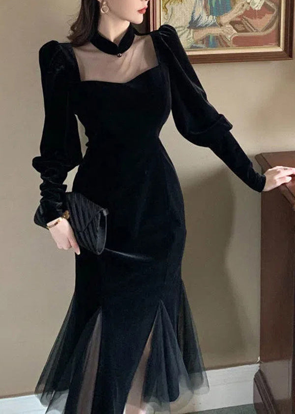 Velvet Sweetheart Choker Collar Puff Sleeve Mesh Panel Mermaid Gown