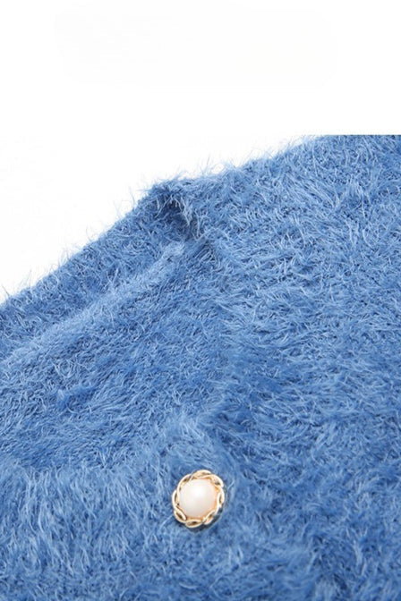 Crew Neck Fuzzy Knit Faux Pearl Button Cropped Cardigan 8