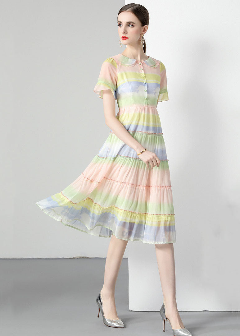 Tie Dye Stripe Peter Pan Collar Button Front Tiered Chiffon Midi Dress