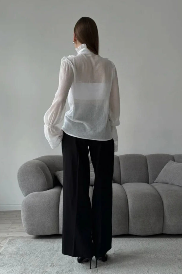 Chiffon Ruffle High Neck Long Sleeve Top