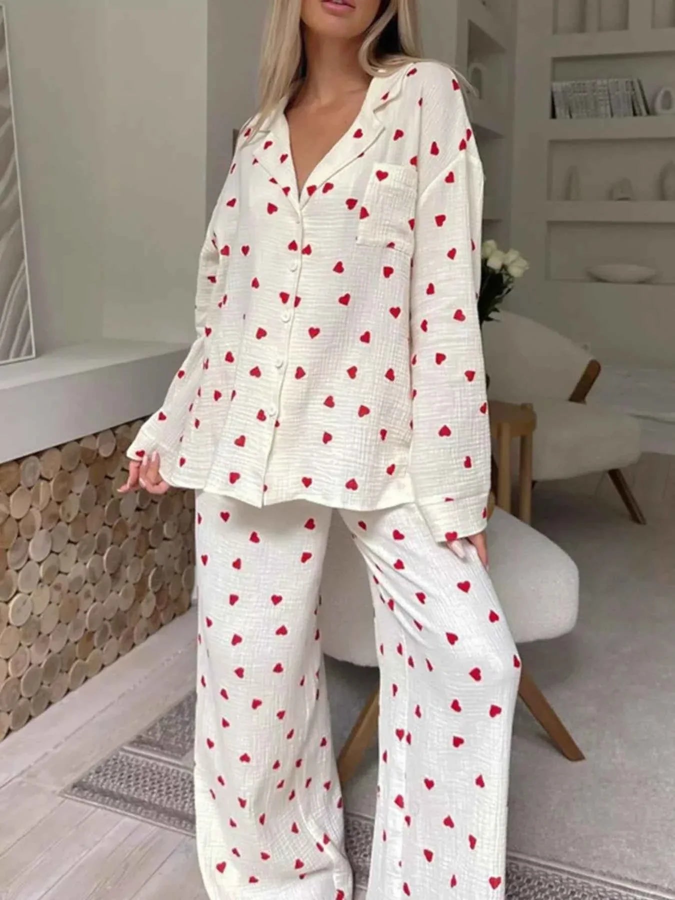 Heart Print Long Sleeve Top and Pants Lounge Set