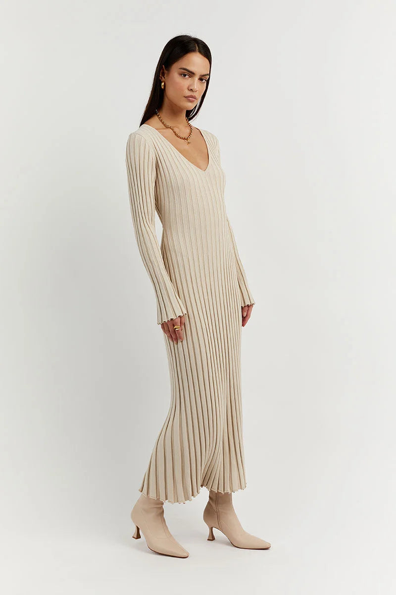 Timeless Sasha Knitted Midi Dress with V Neck and Sleeves Evening Wear Edit