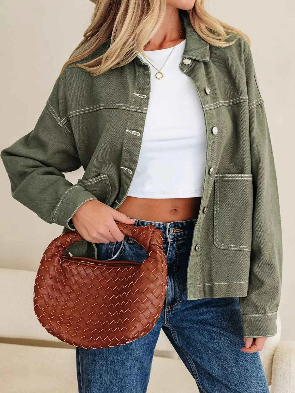 Contrast Stitch Patch Pocket Collared Button Front Oversized Shirt Jacket 2