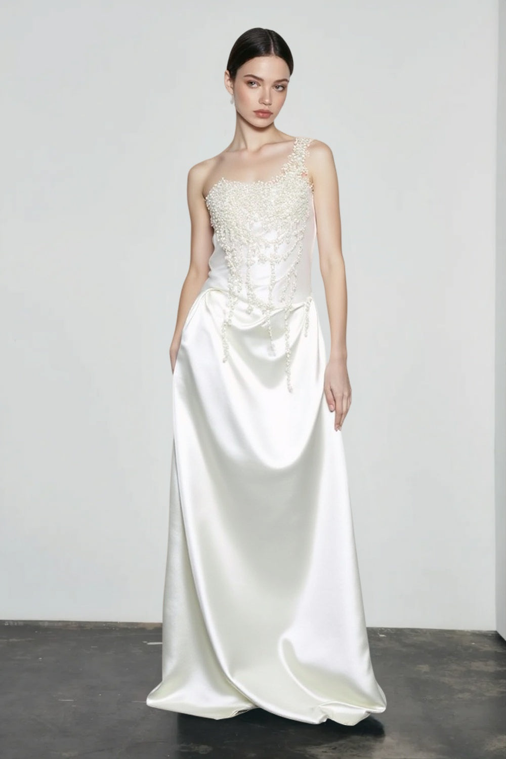 French Strapless Satin Pearl Prom Dress