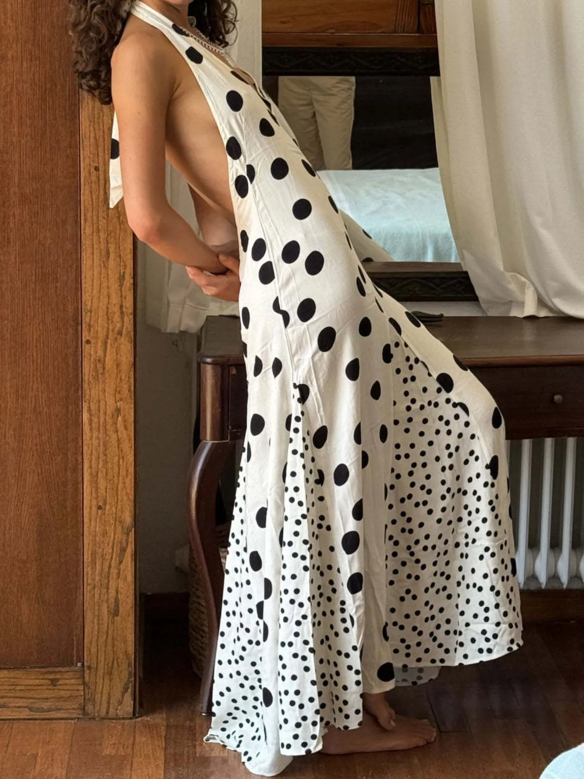 Polka Dot Deep V-Neck Halter Neck Backless Maxi Dress 2