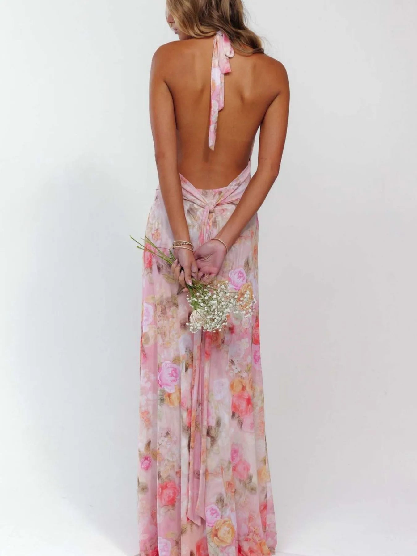 Floral Halter Neck Deep V-Neck Ruched Maxi Dress 4