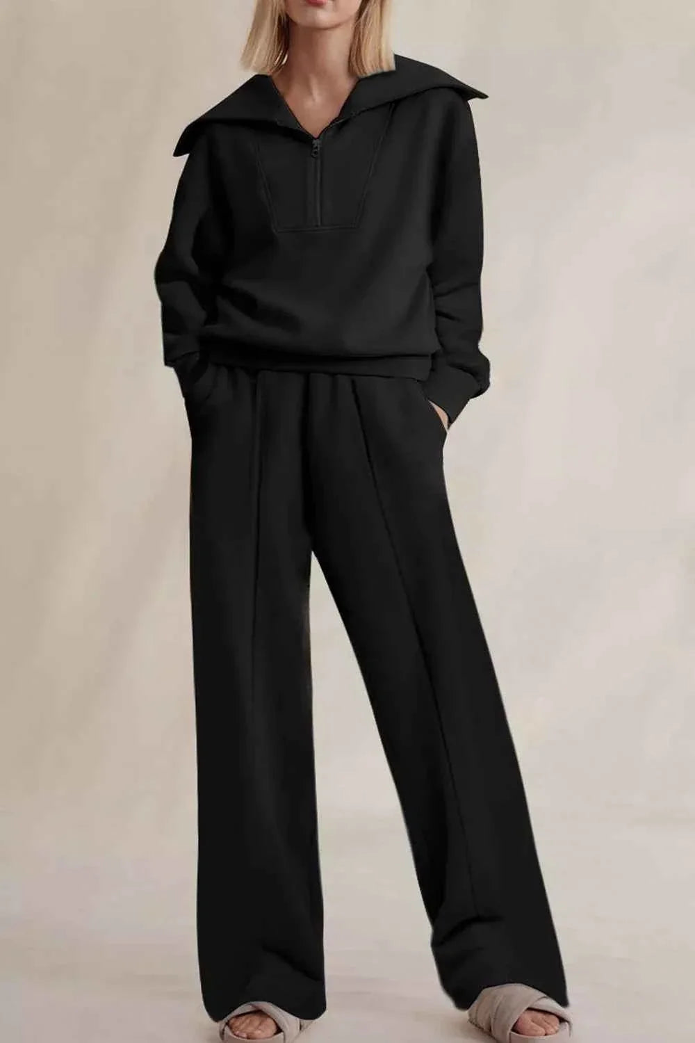 Solid Zip Sailor Collar Pullover Athleisure Sweatpants 2pcs Set