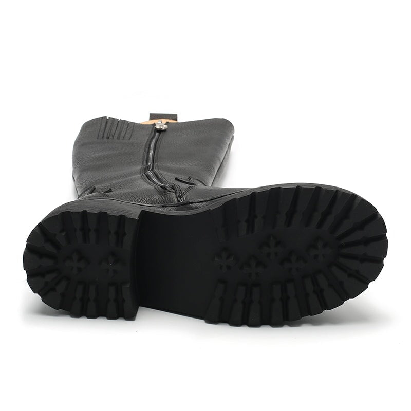 Leather Knee High Boots Cowboy Boots Designer Retro Block Heel Riding Boots in Black/Red/coffee