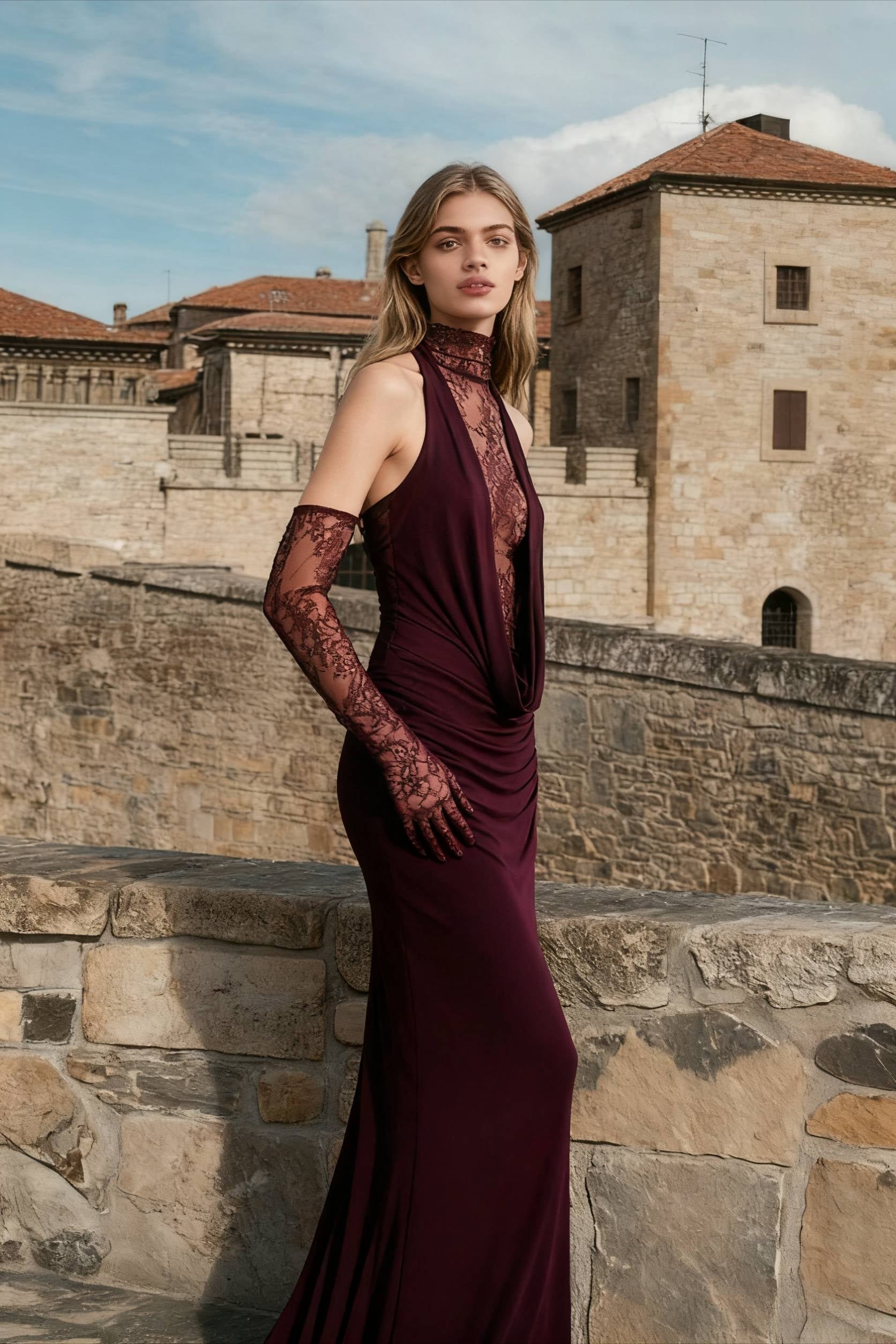 Halter Neck Lace Plunge Ruched Bodycon Maxi Dress