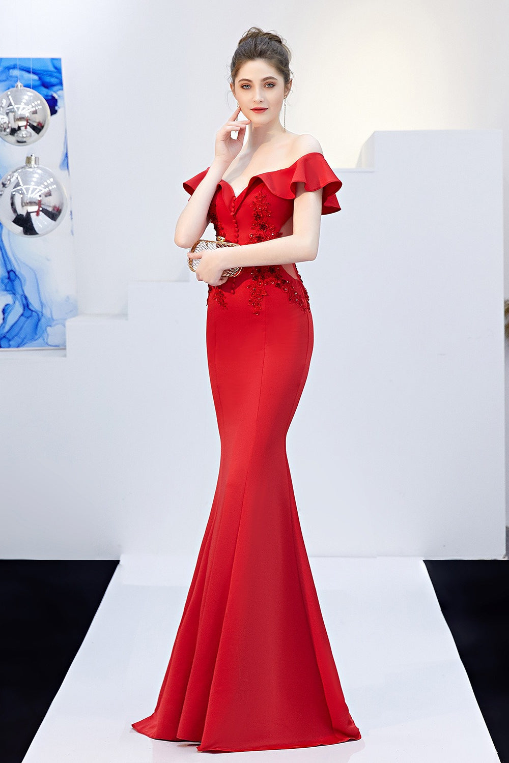 Off Shoulder Ruffle Beaded Mermaid Formal Gown