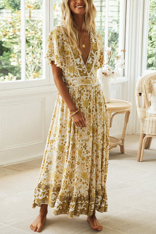 Floral Print Deep V-Neck Pom Pom Trim Flutter Sleeve Ruffle Hem Maxi Dress