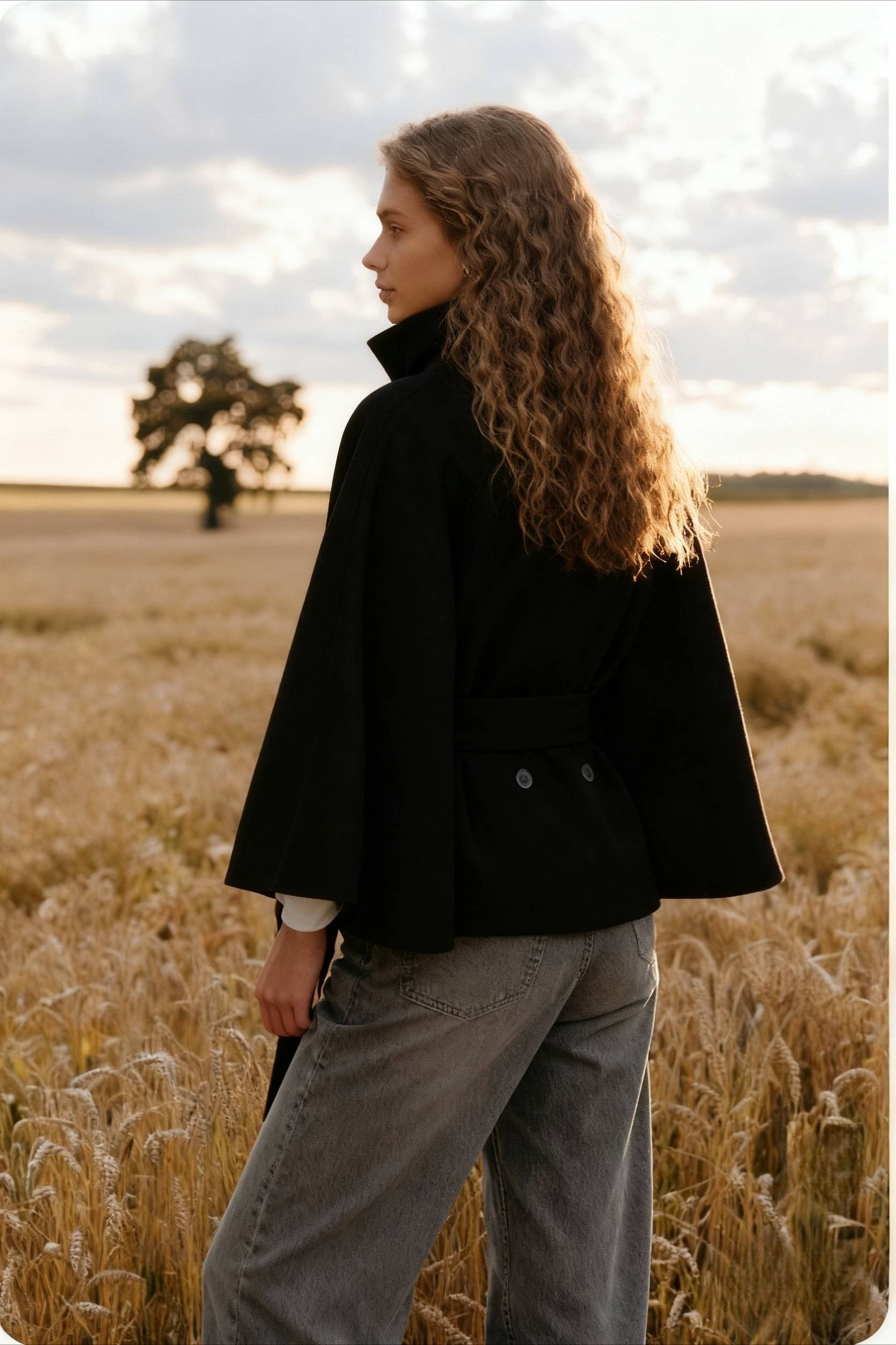 Button Up Stand Collar Cape Coat