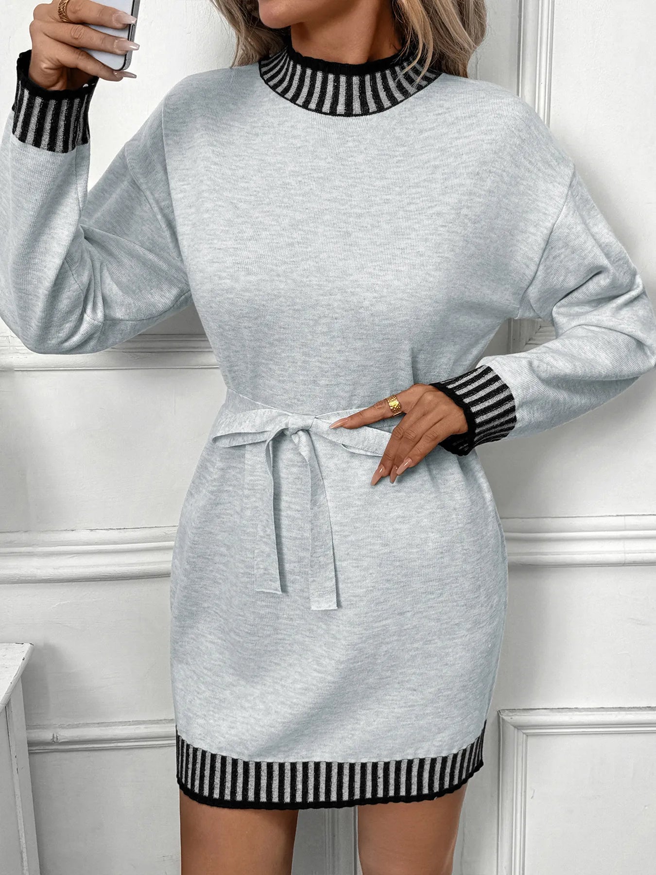 Striped Trim Tie Waist Sweater Dress Light Gray