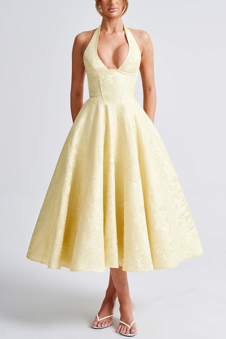 Halter Deep V-Neck Corset Jacquard Fit and Flare Midi Dress