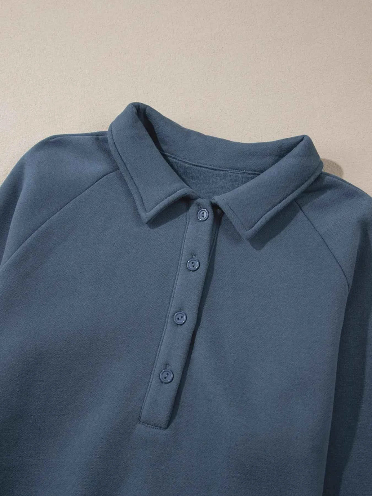 Collared Button Placket Sweatshirt and Seam Front Wide Leg Pants Two Piece Set 21
