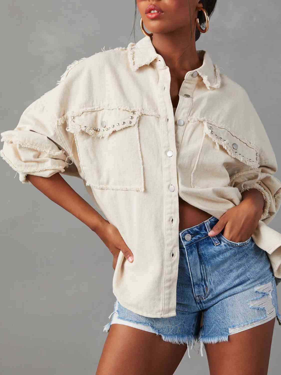 Oversized Raw Hem Button Front Long Sleeve High Low Denim Jacket 4