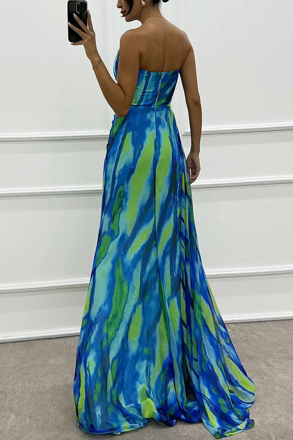 Watercolor Print One Shoulder Feather Trim High Split Maxi Dress 8