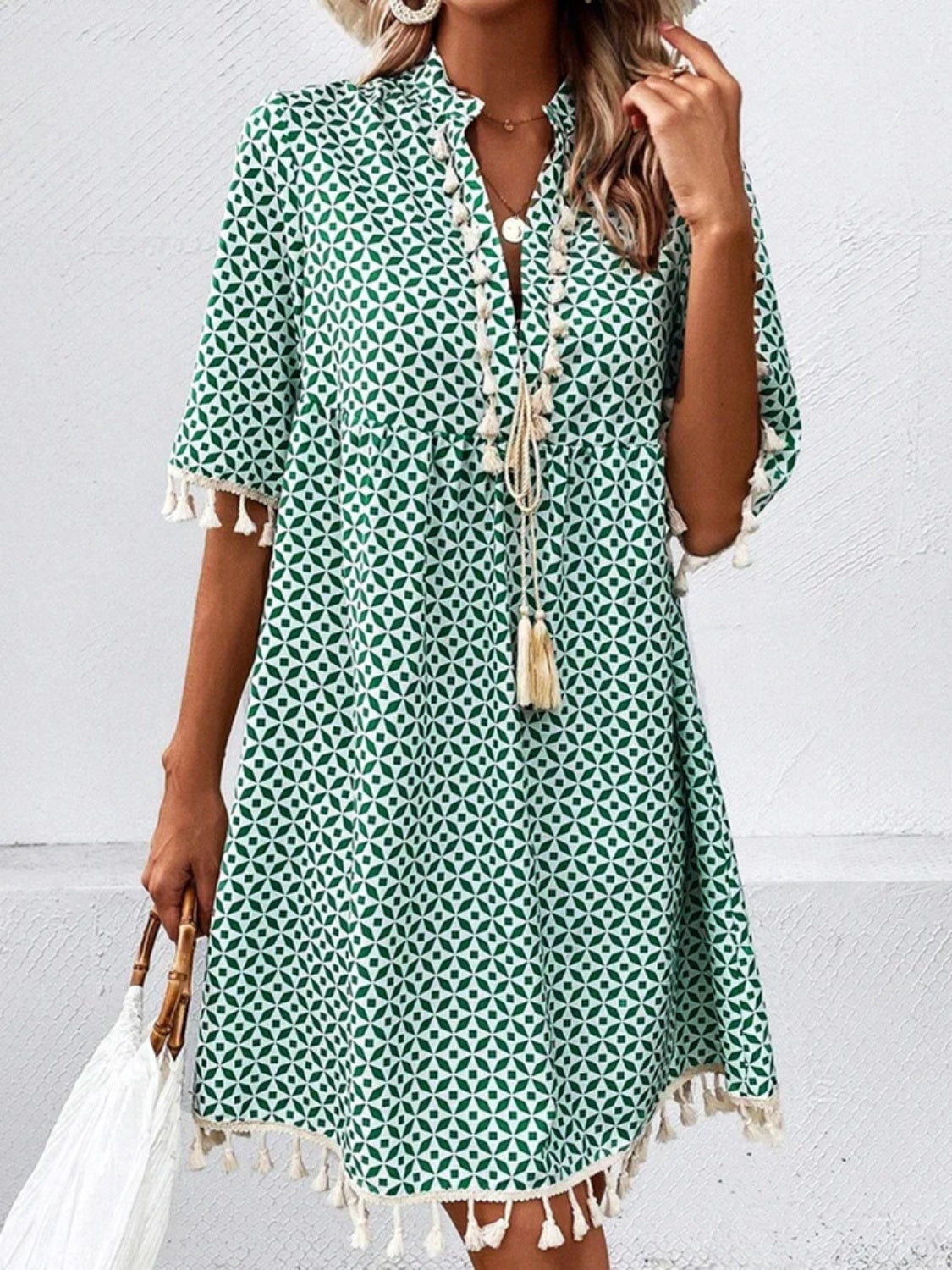 Tassel Printed Notched Half Sleeve Mini Dress Teal