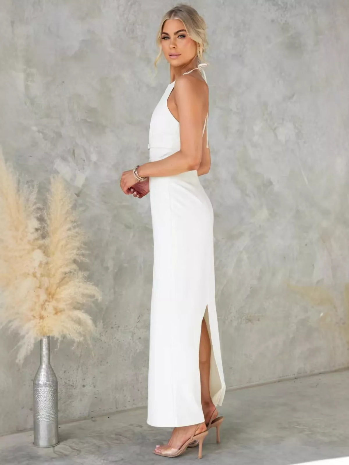 Halter Neck Double Buckle Belted Column Maxi Dress 5