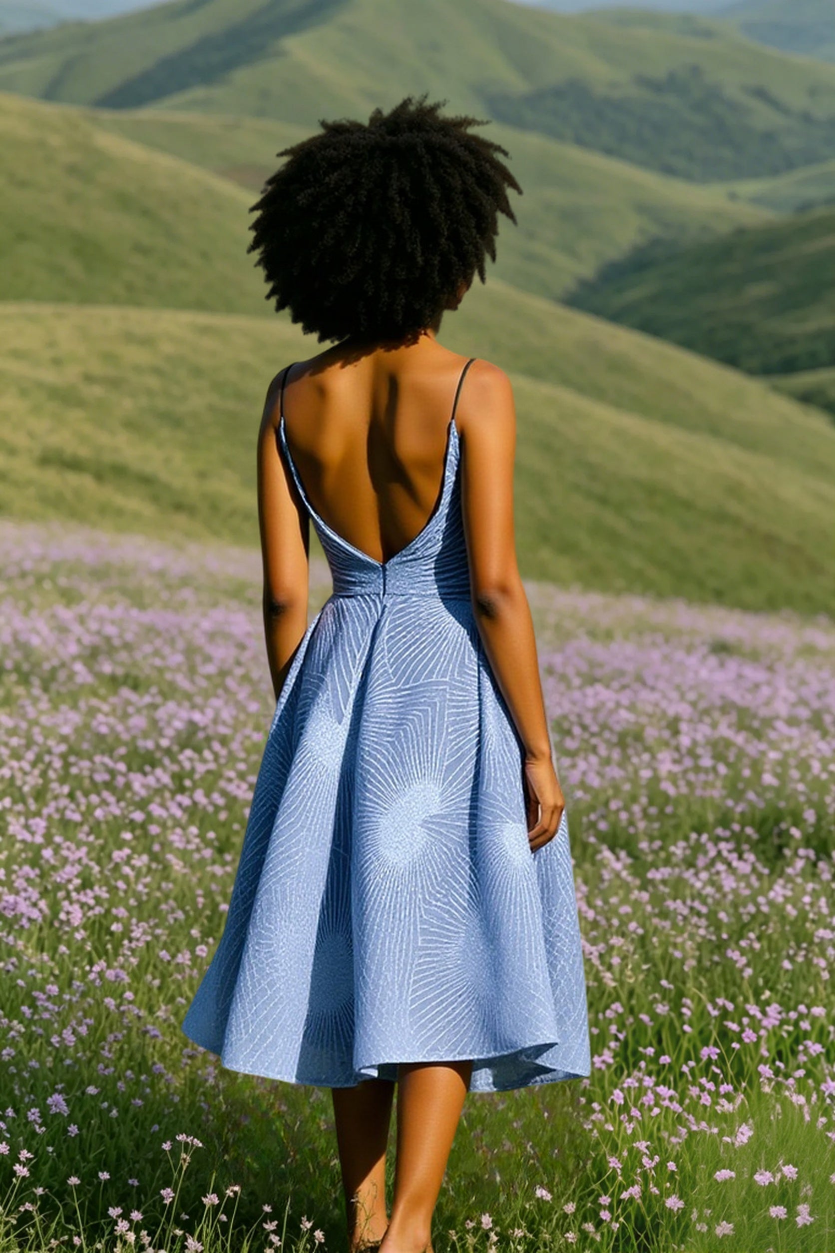 Glitter Spaghetti Strap V-Neck Fit and Flare Midi Dress