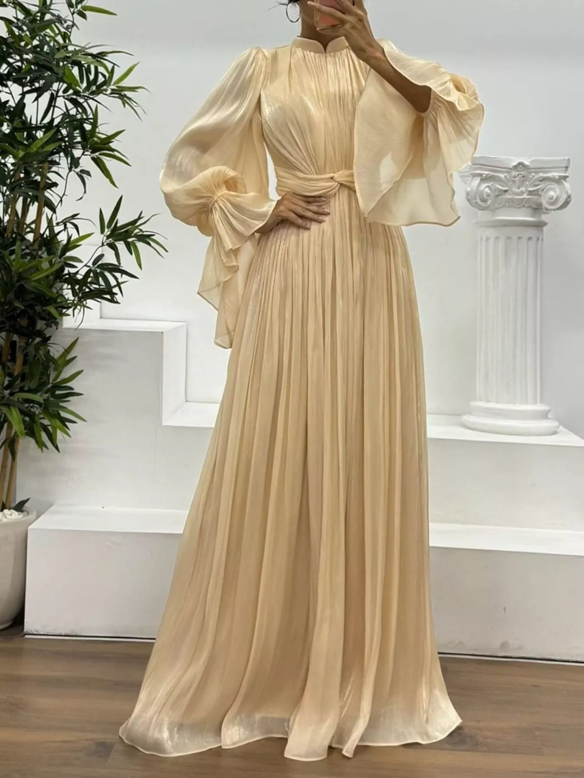 Pleated Satin Mock Neck Flared Bell Sleeve Twist Waist Maxi Gown 2