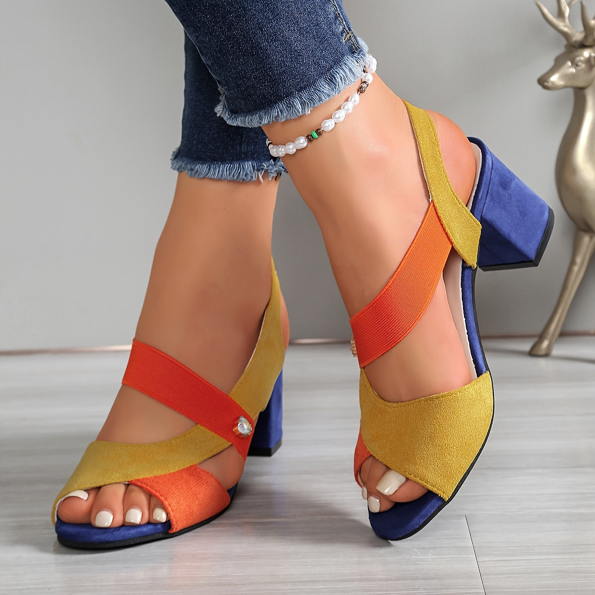 Open Toe Slingback Color Block Block Heel Sandals
