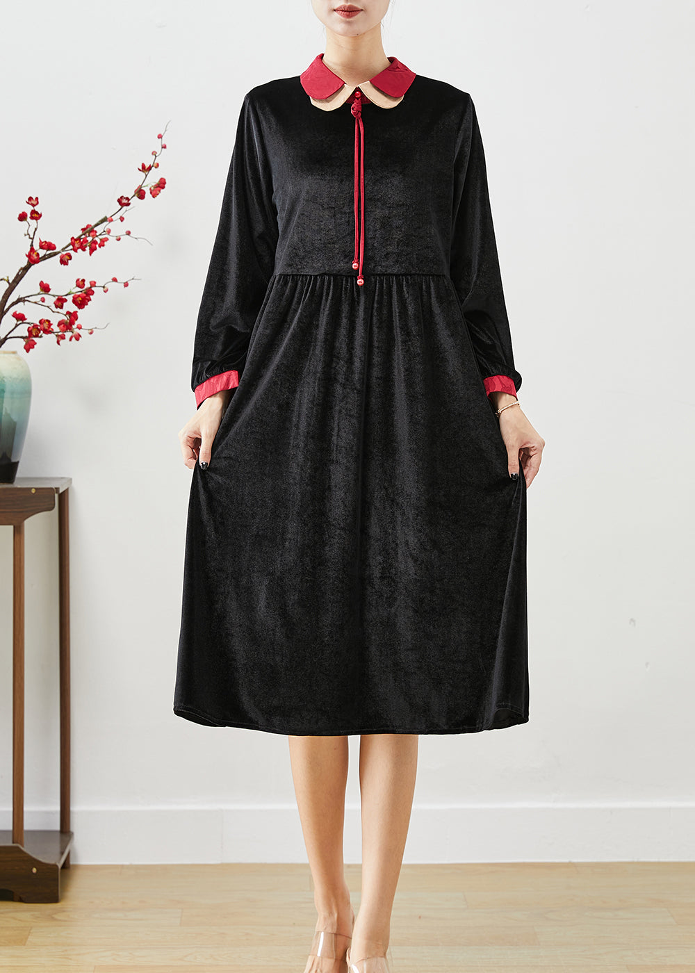 Velvet Peter Pan Collar Contrast Cuff Tie Neck Long Sleeve Empire Midi Dress