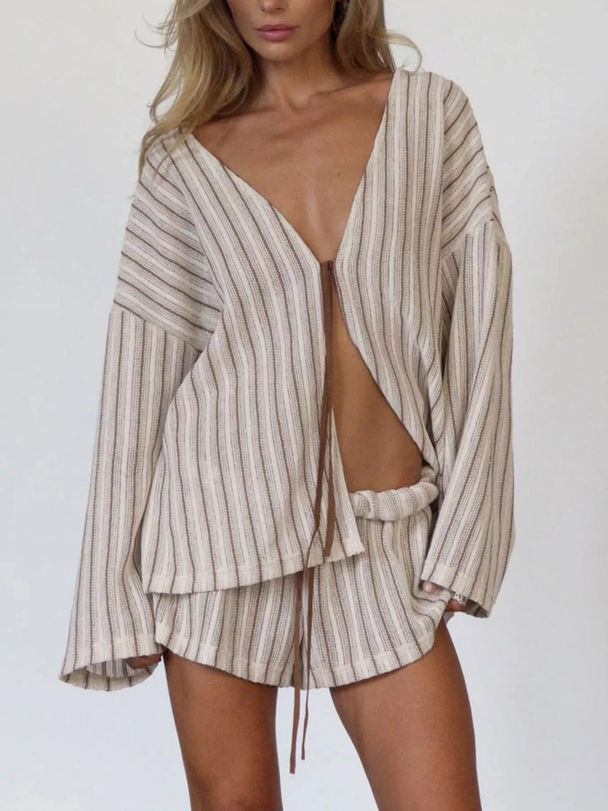 Striped Tie Front Wide Sleeve Top and Drawstring Shorts Two Piece Set 6