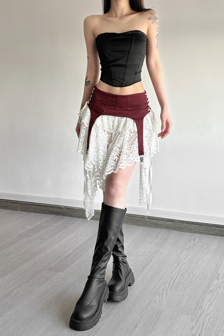 Sheer Lace Overlay Asymmetric Maxi Skirt