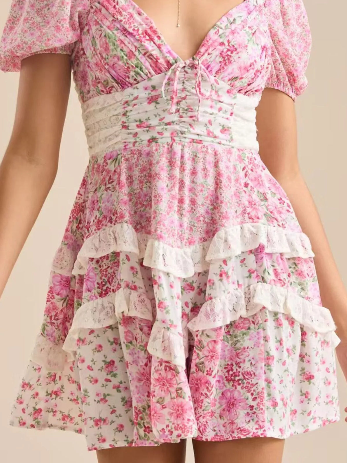 Floral Print Lace Trim Sweetheart Puff Sleeve Tiered Mini Dress 3