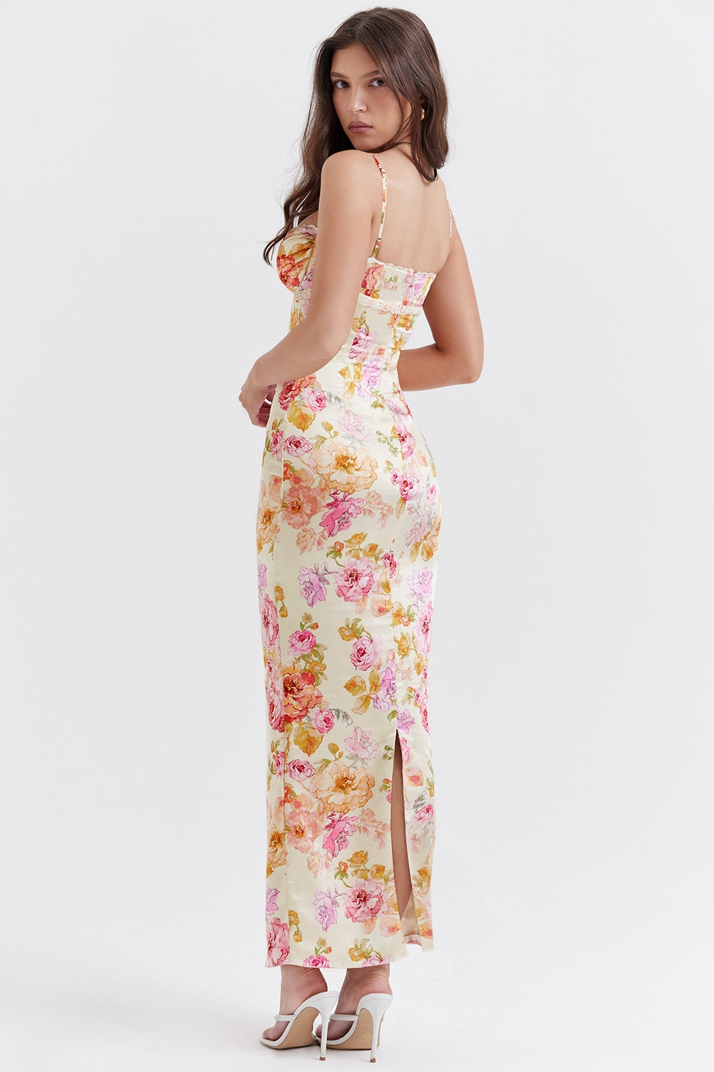 Floral Satin Sweetheart Ruched Bust Spaghetti Strap Maxi Dress 10