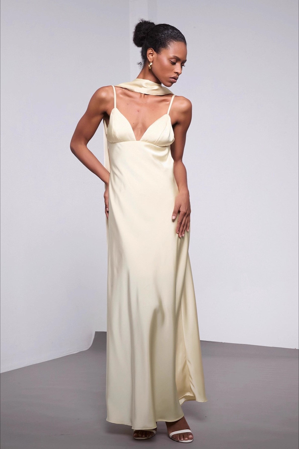Satin V-Neck Spaghetti Strap Maxi Slip Dress with Neck Scarf